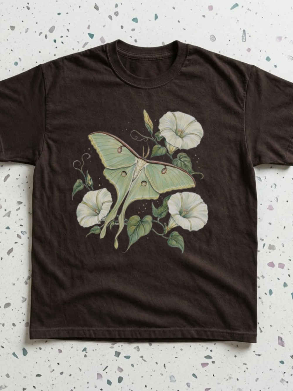 Luna Moth & Morning Glories Graphic Tee - Dark Brown